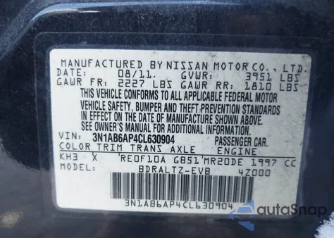 2012 Nissan Sentra 2.0 Sr z USA, uszkodzony, nr VIN 3N1AB6AP4CL630904